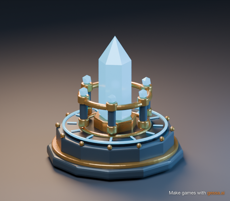 A blue crystal beacon on an ornate brass and dark ceramic base, modeled and rendered with Gessa’s Blender MCP tools.